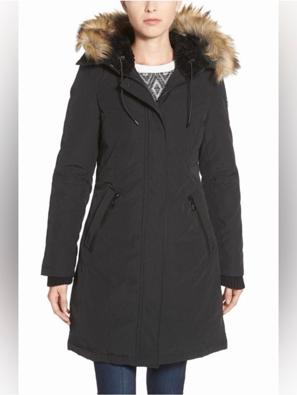 Vince Camuto black hooded parka with faux-fur trim